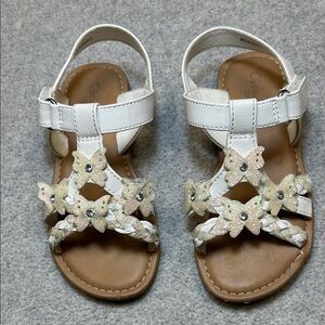 Girls White Sparkly Butterfly Sandals Tan and White with Velcro Strap Size 10